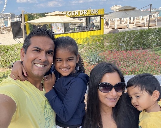 Founders Samir and Diksha with their two children in Dubai JBR